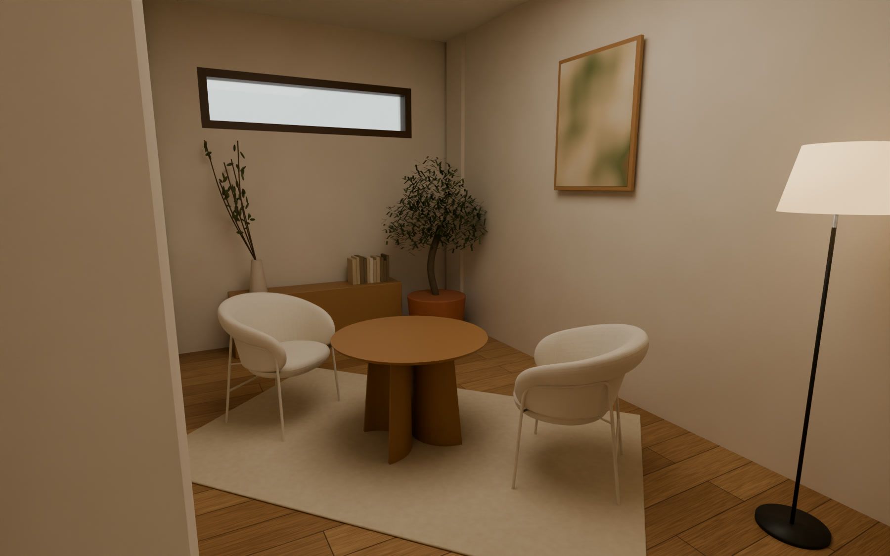 Consulta con sillones, mesa redonda de madera, lámpara de pie y un olivo junto a la ventana.
